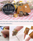 8 Pcs Sewing Thimble + 30 Pcs Sewing Needles, Finger Protector Fingertip Thimble Adjustable Metal Bronze Sewing Thimble Rings and Leather Coin Thimble for Needlework, Hand Embroidery Craft