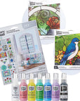 PROMOGGSTR22 Stained Glass Painting Starter Kit, 10 Piece Set Including 6 Colors, 1 Bottle of Liquid Leading, 2 Plastic Surfaces and 1 Pattern Pack of 20 Molds