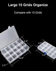 Large 15 Grid Clear Organizer Box Adjustable Dividers - Plastic Compartment Storage Container for Washi Tapes, Craft, Beads, Jewelry, Small Parts