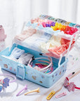 Hair Accessories Organizer 13 Inch Hair Accessories Storage Box with Fold Tray and Handle 3 Layers Plastic Tool Box Hair Accessories Organizer Box for Art Sewing Nail with Stickers (Blue)