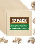 12 Pack Basswood Sheets 1/8X12X12 Inch for Crafts,Unfinished Wood for Laser Cutting & Engraving,Wood Burining,Plywood for Architectural Models.
