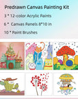 Kids Predrawn Canvas for Painting - 6 Packs 8X10 in Painting Canvas Panels Acrylic Paint Set with 12 Paints 10 Brushes for Girls Boys and Beginners