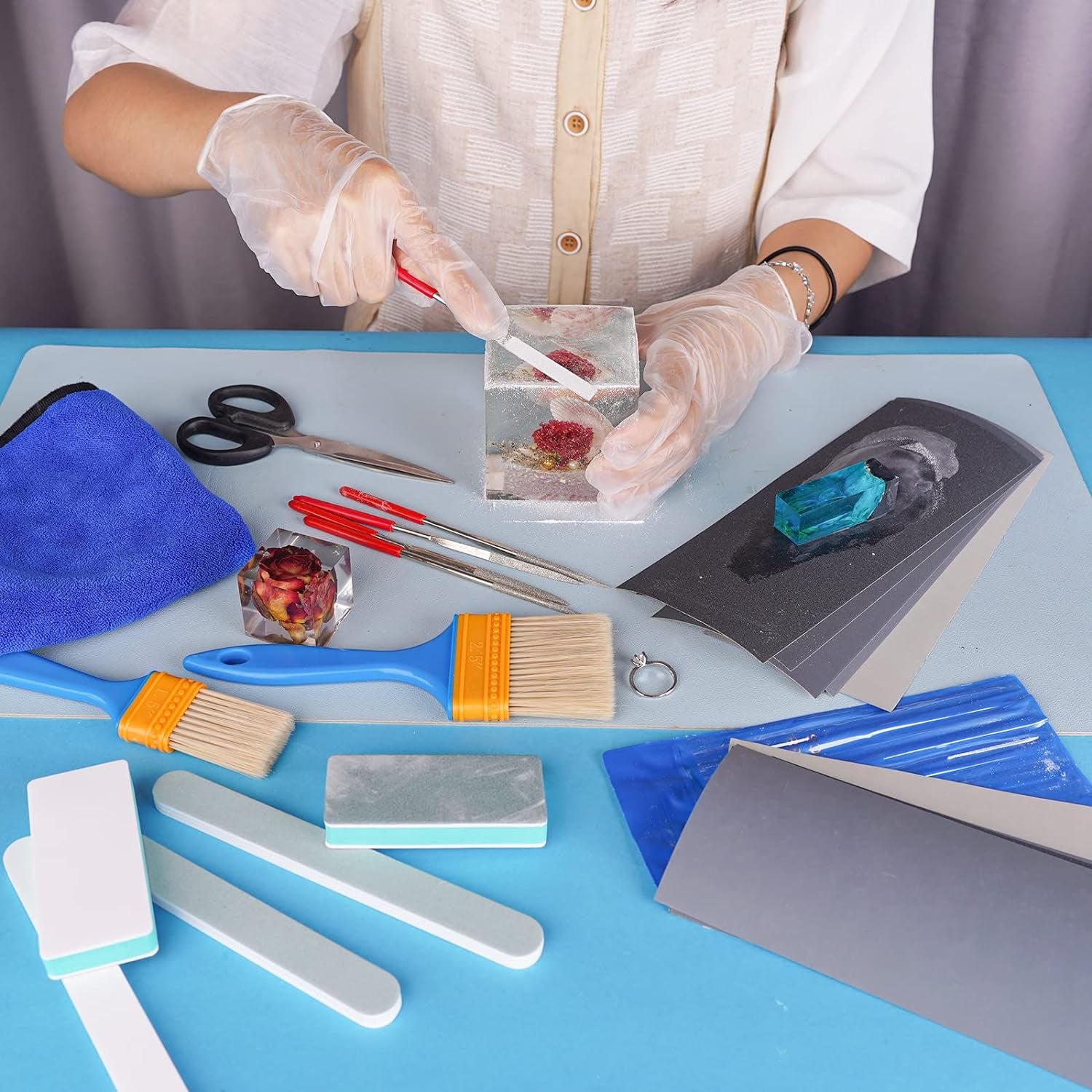 Resin Polishing Strips Kit,33Pcs Resin Supplies with Sandpaper,Resin File Kit &Blocks,Scissors,Wooden Brush,Cloth,Resin Tools for Epoxy Resin,Jewelry Making Supplies,Resin Molds