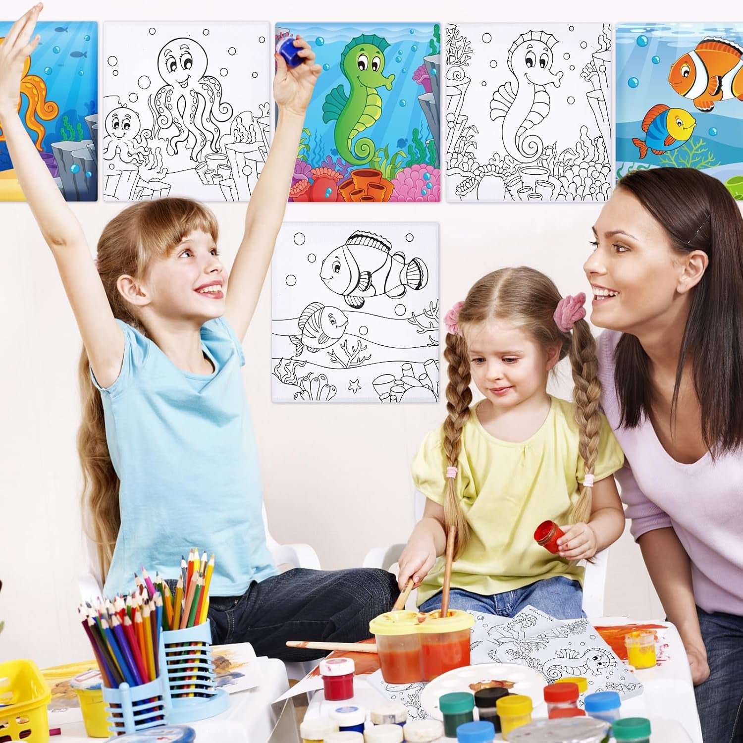 Meanpla 12 Pcs Back to School Pre Drawn Outline Canvas 4'' X 4'' Pre Drawn Stretched Canvas Painting Boards for Painting Art Party Favor for Student Kids First Day of School (Marine Animal Style)