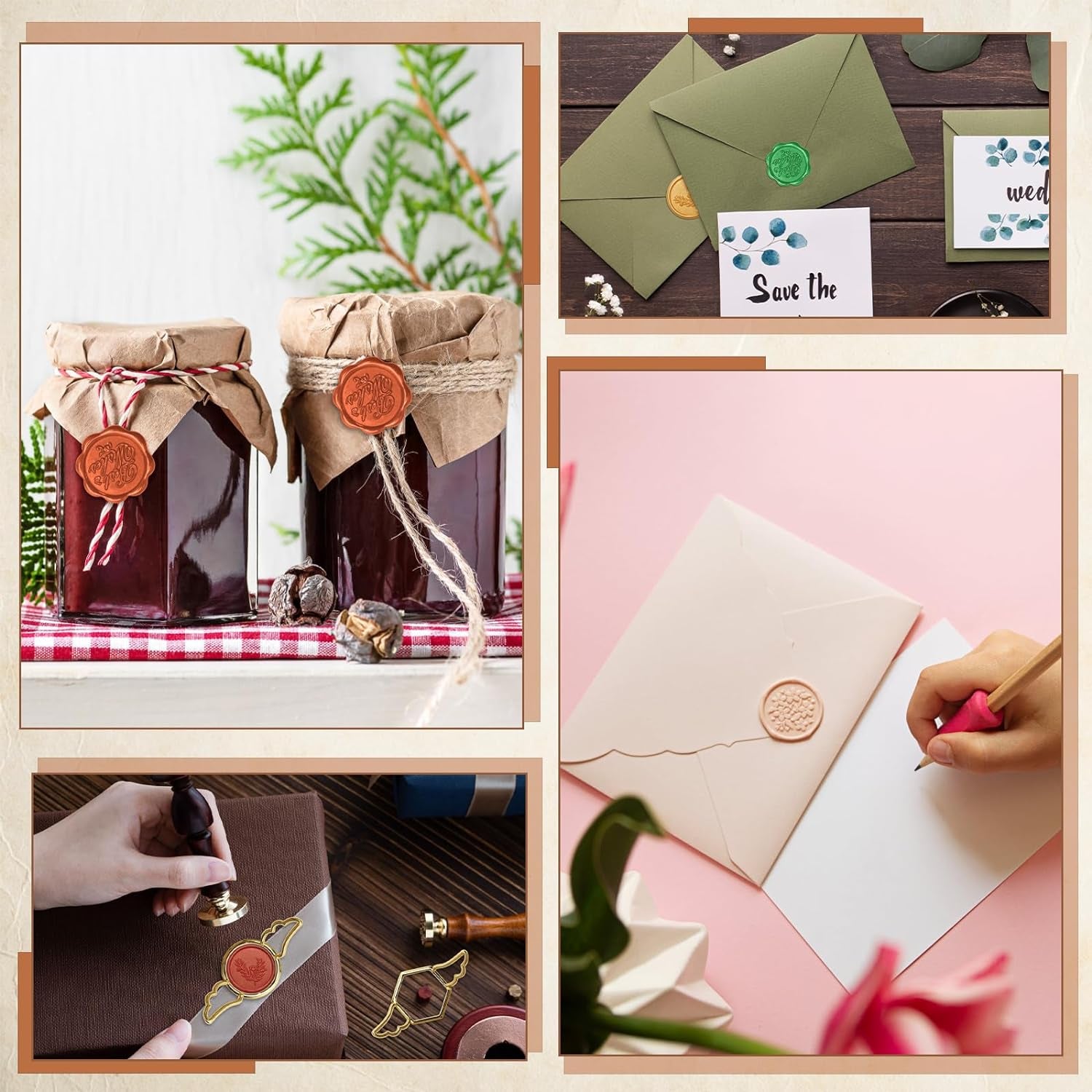 Newest Design 5+29P Metal Wax Seal Mold with Wing,  Gold Wax Seal Stamp Mold round Flower Square Hexagonal Heart Metal Wax Melt Mold with Silicone Mat, 28P Wax Sticker for Envelope Wax Wrapping