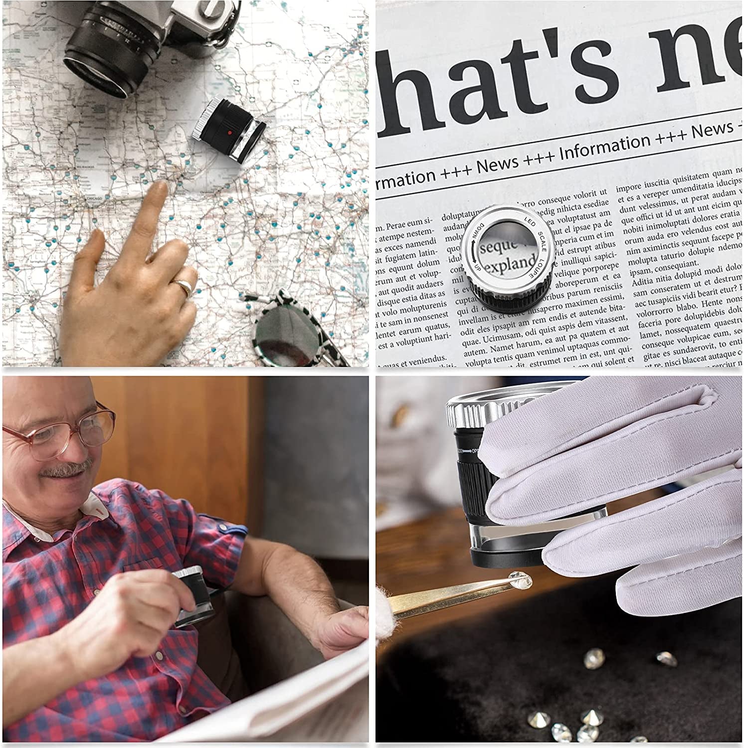 Loupe Magnifier 30X Magnifier LED Lighted UV Illuminated Magnifier Adjustable Focal Length Magnifier Foldable Jewelry Magnifier Glass for Jewelry Textile Coins Stamps Board Gems (Black)