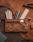 Leather Pencil Case Pouch 8" X 4" Handcrafted Leather Pen Case with Zipper - Elegant & Practical Brown Leather Pencil Pouch with Side Pouches - Pencil Pouch Leather