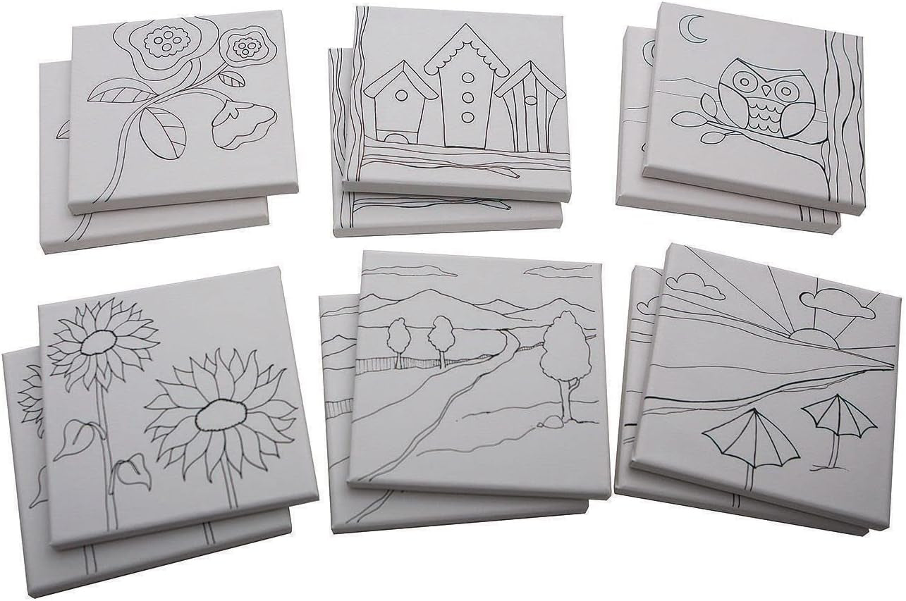 S & S Worldwide Paint-Your-Own Designer Canvas Set I, 2 Each of 6 Pre-Printed Designs, Great for Kids & Adults, DIY Ready to Paint, 6-1/2" X 6-1/2" Stretched Canvas. Pack of 12,Black and White