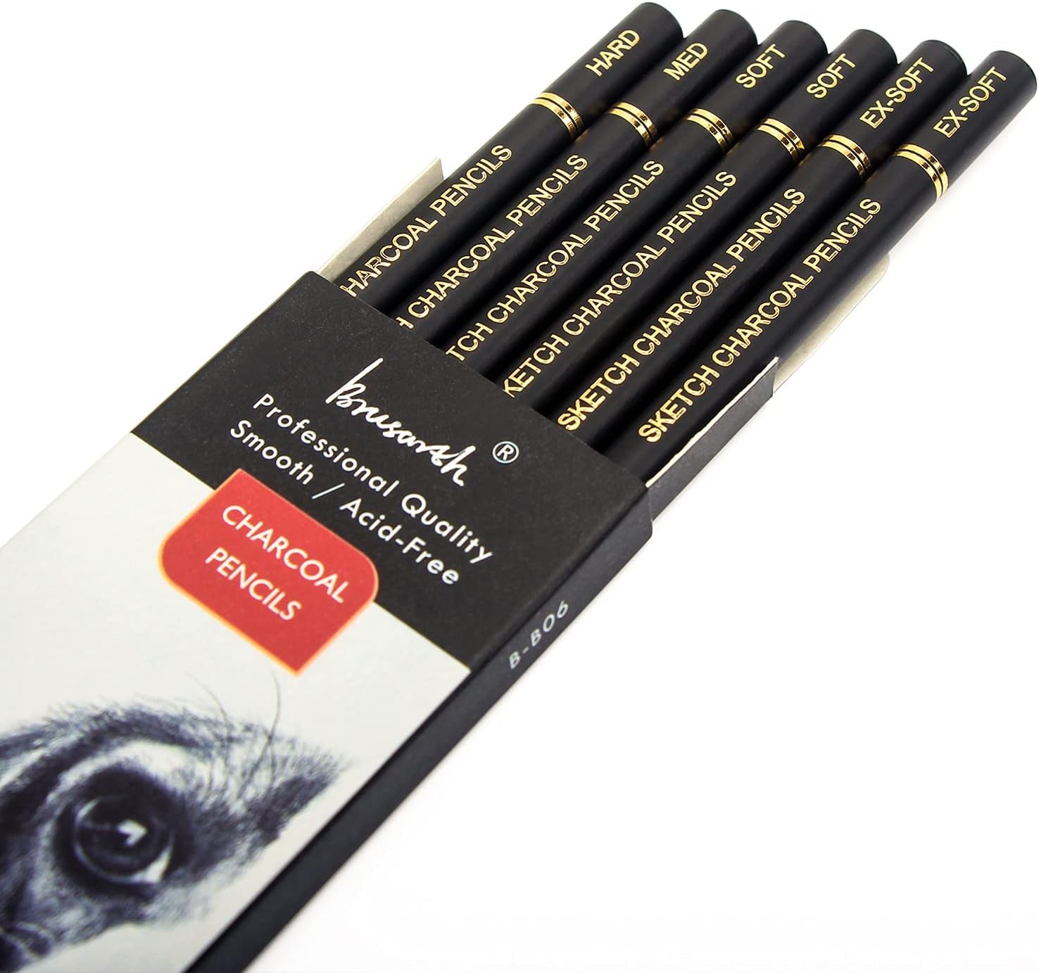 Professional Charcoal Pencils Drawing Set - 6 Pieces Soft Medium and Hard Charcoal Pencils for Drawing, Sketching, Shading