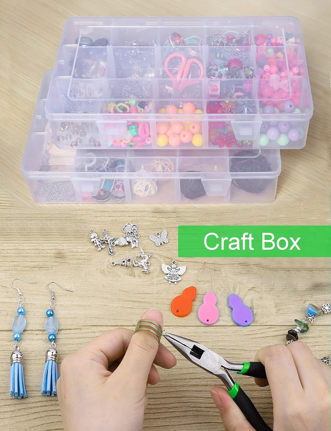 Plastic Organizer Box Craft Box Bead Organizer Tackle Box Organizer 2 Pack 15 Large Grids Clear Craft Storage Box Snackle Box Container Washi Tape Organizer