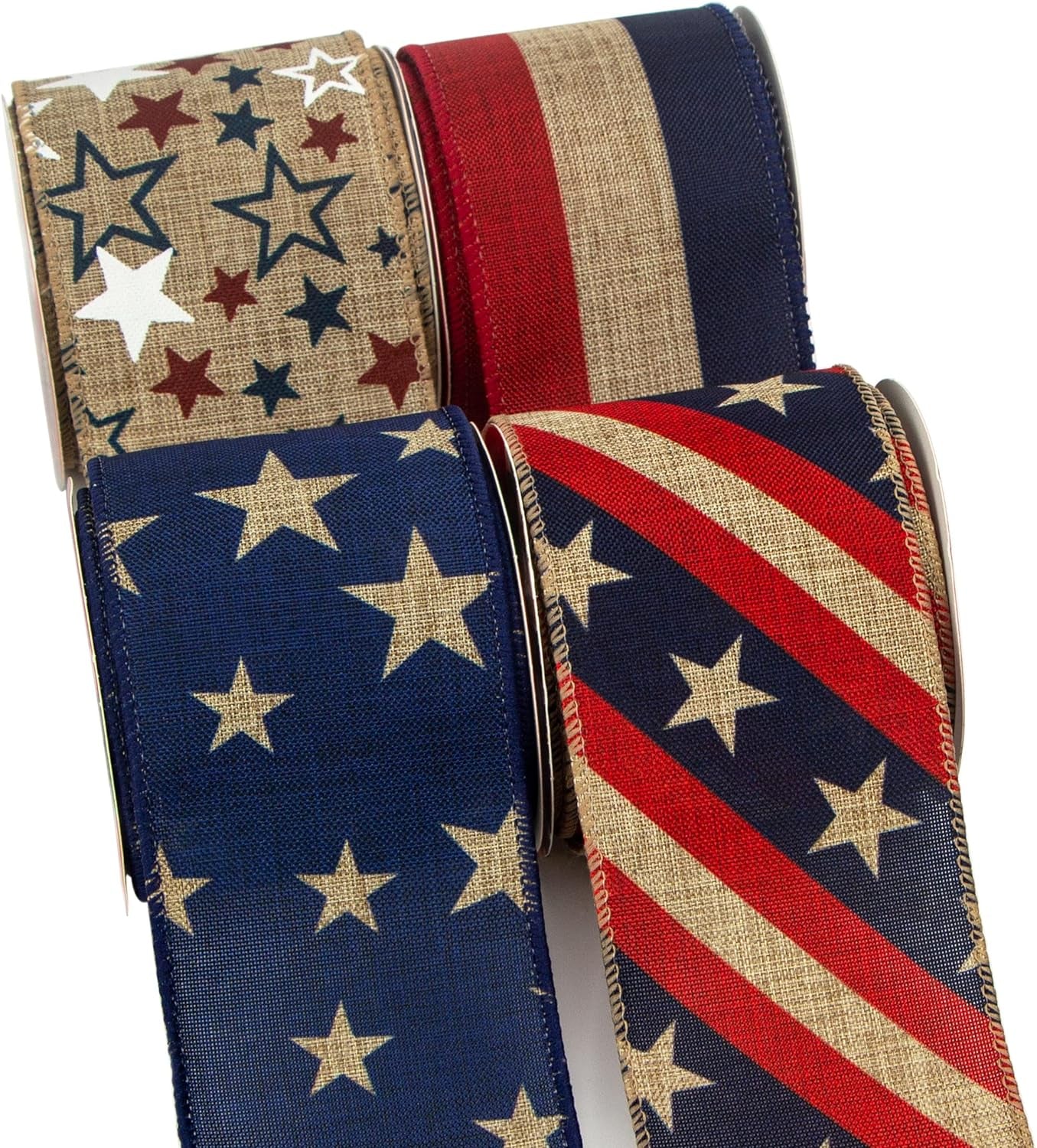 Rustic Patriotic Ribbon Wired,4 Rolls Stars and Stripes Burlap Ribbon,2-1/2 Inch Total 60 Feets(20 Yards), Patriotic Ribbon for Crafts,Wreaths,4Th of July Big Bow,Party Decoration-Pt01