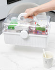 13 Inch Art Craft Organizer Storage Box with 2 Tier,Multifunctional Plastic Sewing Supplies and Tool Box with Handle for Sewing,Medicine,Nail,Hair Accessories Makeup Organizer and Family First Aid Box