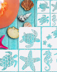 9Pcs Ocean Sea Turtle Jellyfish Dolphin Skeleton Fish Stencils Sea Animal Tropical Template Hawaiian Palm Tree Beach Dolphin Shark Stencils for Painting on Wood DIY Craft Wall Décor (Fancy)