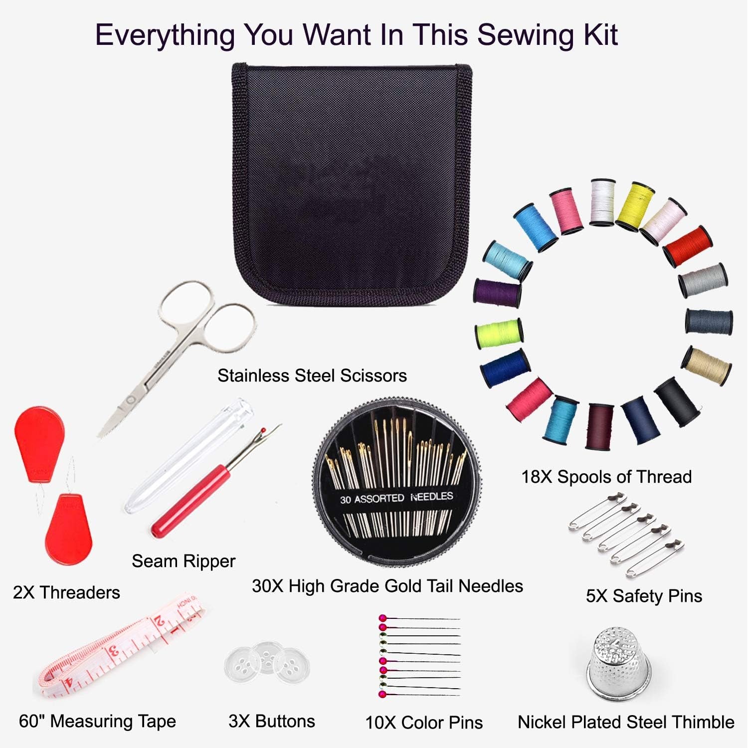 Mini Travel Sewing Kit,  DIY Premium Sewing Supplies,Basic Sewing Kit for Adults,Beginners,Home,Emergency Filled with Repair Kit and Sewing Needles,Thread,Scissors,Thimble,Tape Measure Etc