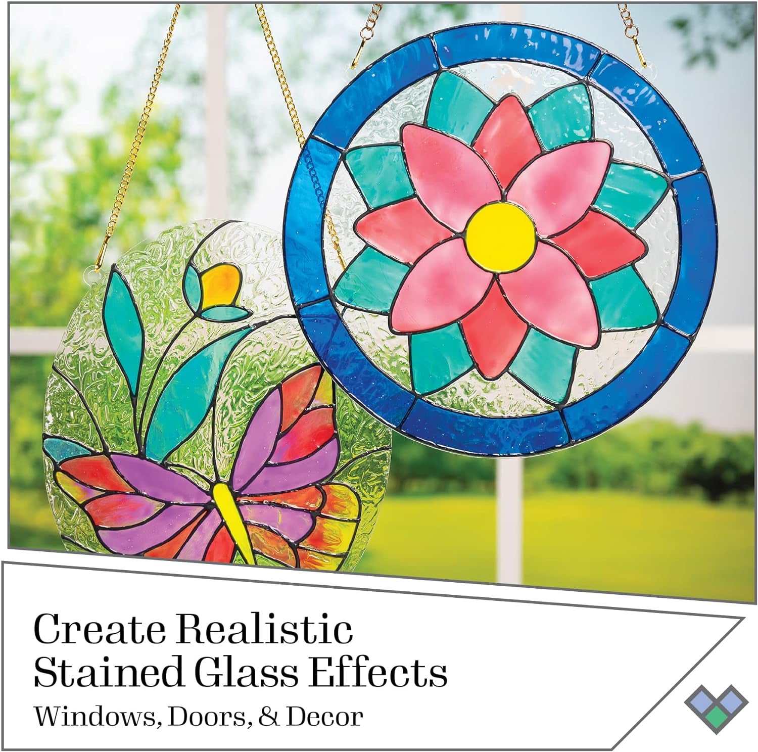 PROMOGGSTR22 Stained Glass Painting Starter Kit, 10 Piece Set Including 6 Colors, 1 Bottle of Liquid Leading, 2 Plastic Surfaces and 1 Pattern Pack of 20 Molds