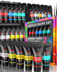 Premium Quality Acrylic Paint Set 24 Colors - 1.28Oz (38Ml) - with 6 Nylon Brushes - Safe for Kids & Adults - Perfect Kit for Beginners, Pros & Artists to Create Amazing Paintings and Artwork