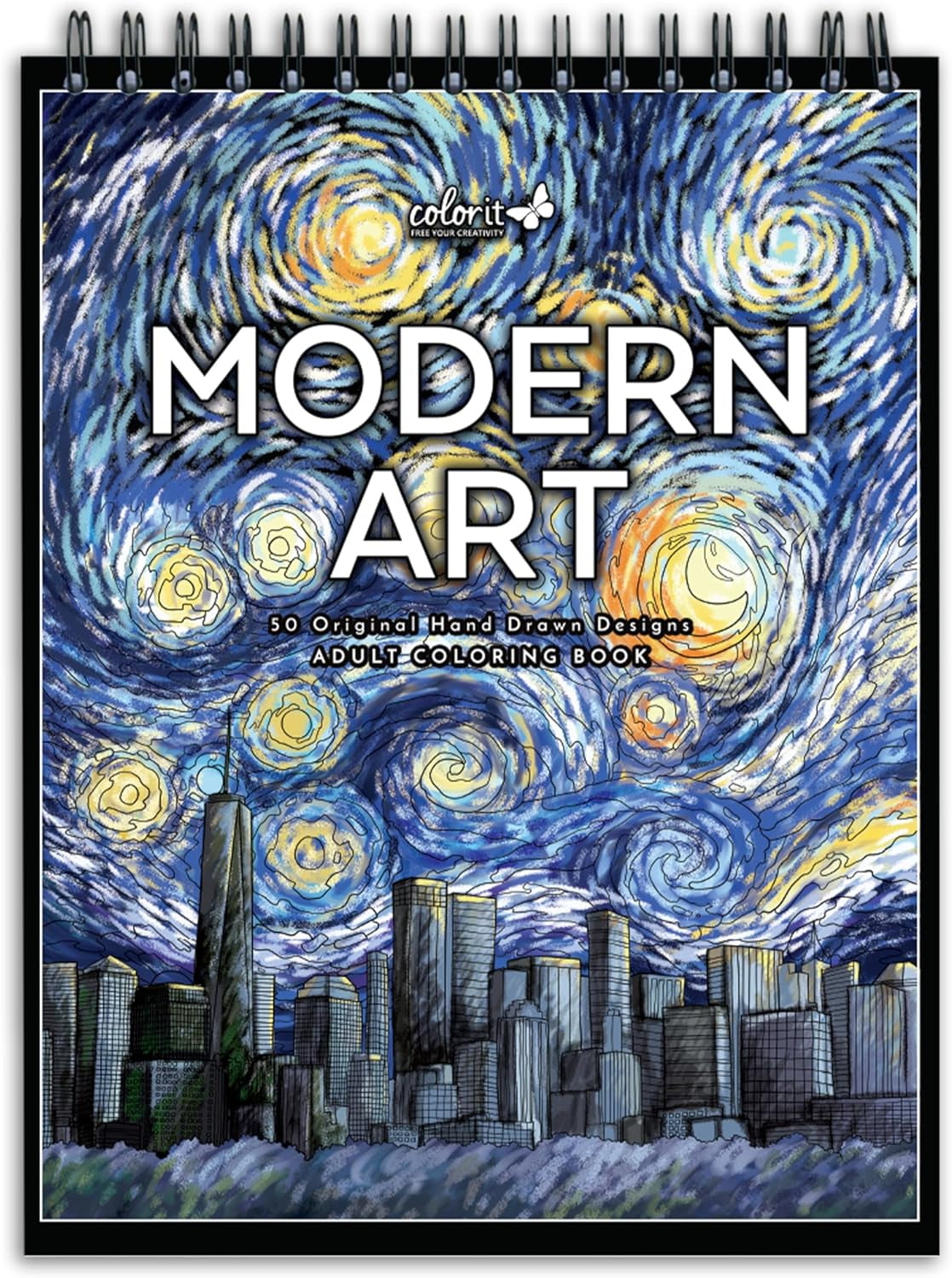 Modern Art Adult Coloring Book for Stress Relief, 50 Drawings Inspired by Famous Paintings, Smooth and Thick Paper, Spiral Binding, USA Printed, Lay Flat Hardback Book Cover, Ink Blotter Paper