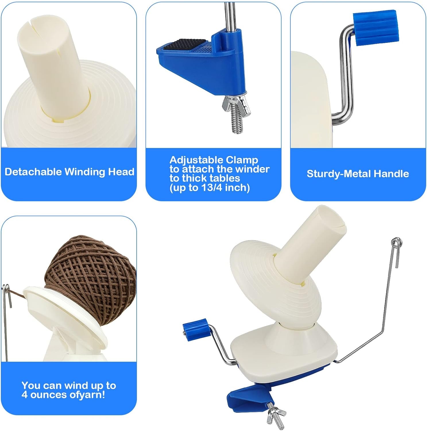 Needlecraft Yarn Ball Winder Hand Operated,Capacity 4-Ounce,Blue,Portable Package,Easy to Set up and Use,Sturdy with Metal Handle and Tabletop Clamp,Including 8 Sizes Crochet Hooks Set