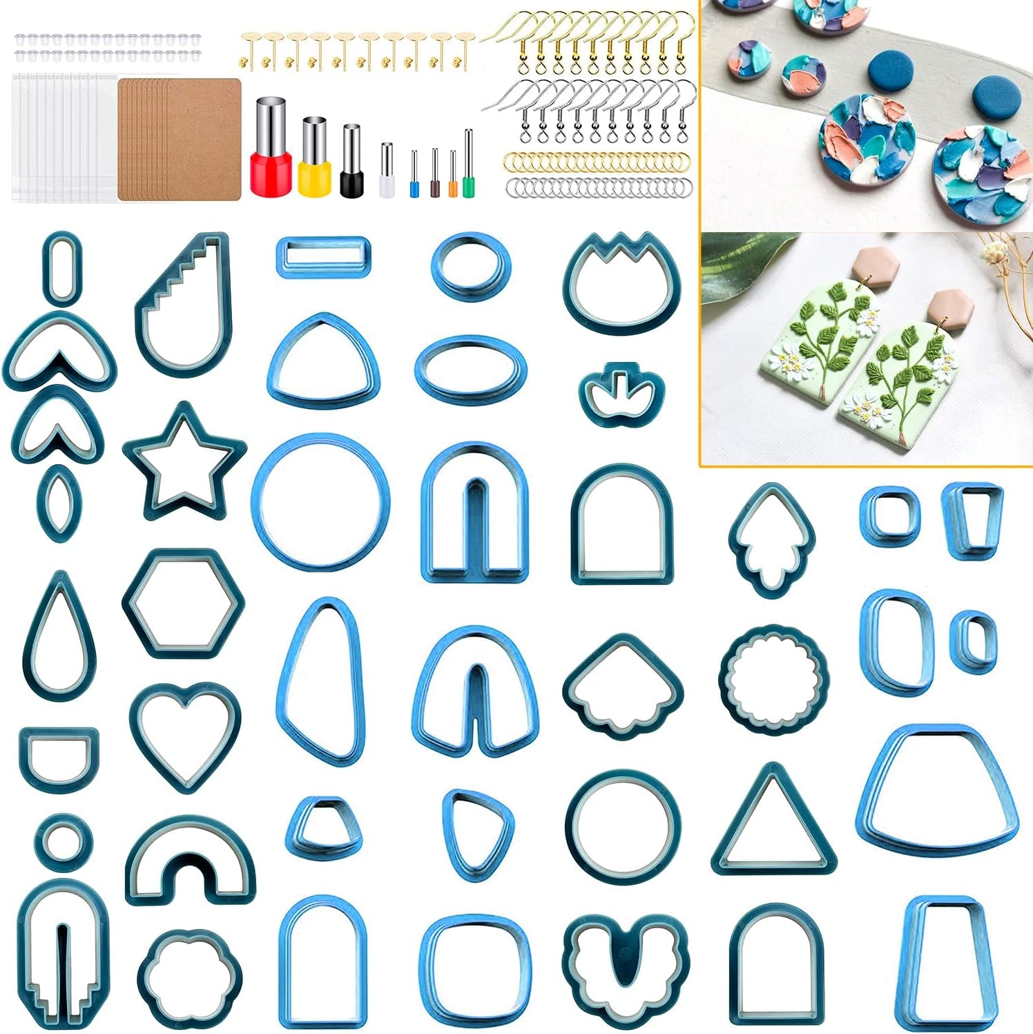 Polymer Clay Cutters for Earring Making - 160Pcs Clay Tools Set with Earrings Accessories, 42+8Pcs Different Shape Plastic Clay Molds Clay Cutters for Polymer Clay Jewelry (Style B-Blue)