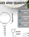 420Pcs 1" 25Mm Keychain Making Kit, Including 140Pcs Keychain Rings with Chain,140Pcs Jump Ring,140Pcs Screw Eye Pins for Keychains/Jewelry/Diy Keychain Ring