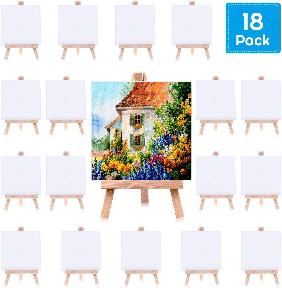 Mini Canvases 18 Pack,  Small Painting Canvas with Mini Easel 4X4 Inches Art Canvases Painting Kit for Kids Teenagers Acrylic Pouring Oil Water Color