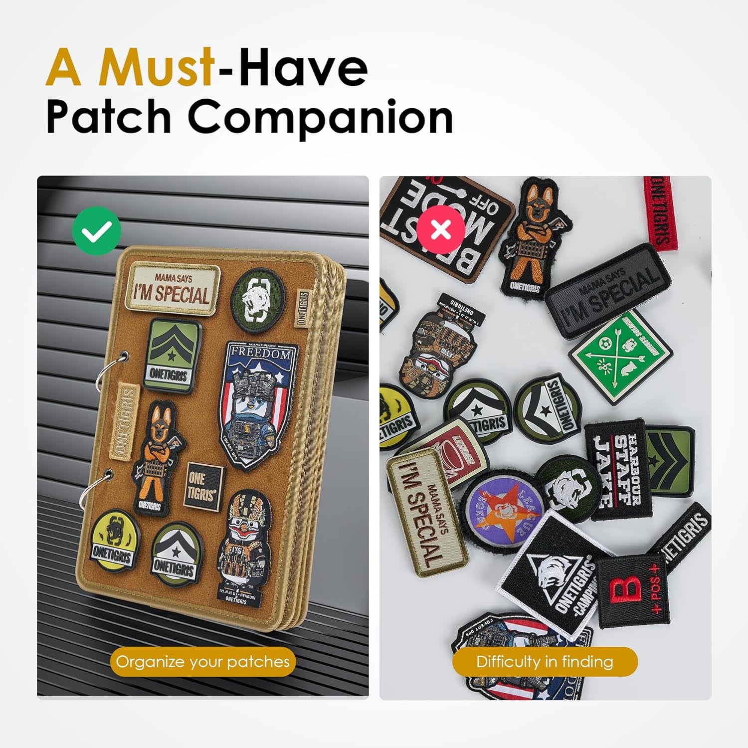 Patch Display Board, Flip-Page Patch Book with Metal Removable Ring Binders, Tactical Patches Booklet Organizer for Patch, Military Patch Collections(No Patches Included), Coyote Brown