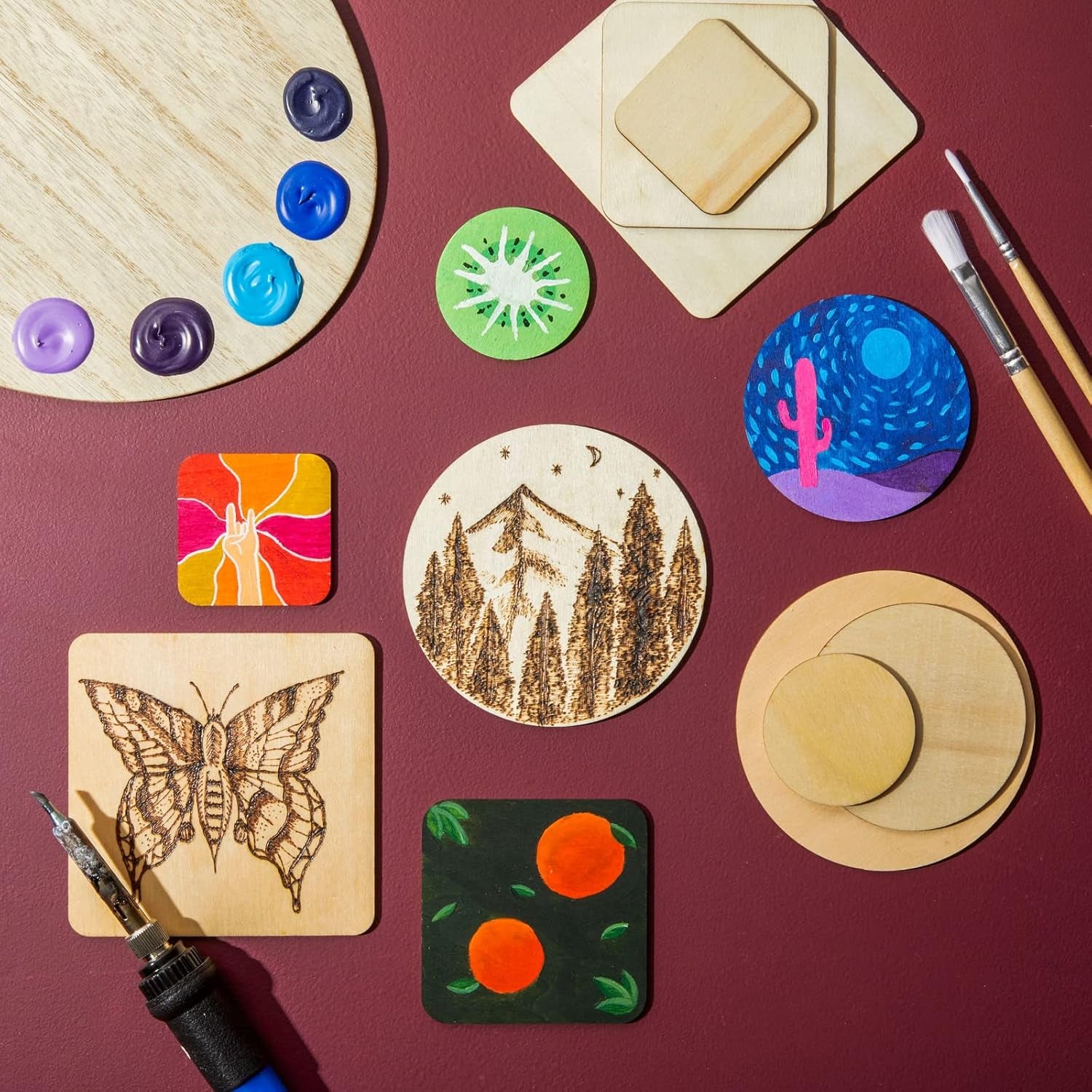 Set of 130 Unfinished Wooden Squares and Circles for Wood Burning Projects, DIY Crafts (3 Sizes/Shape)