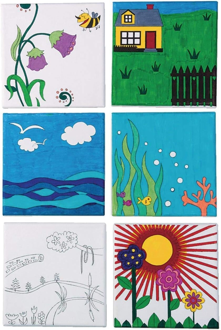 S & S Worldwide Paint-Your-Own Designer Canvas Set I, 2 Each of 6 Pre-Printed Designs, Great for Kids & Adults, DIY Ready to Paint, 6-1/2" X 6-1/2" Stretched Canvas. Pack of 12,Black and White