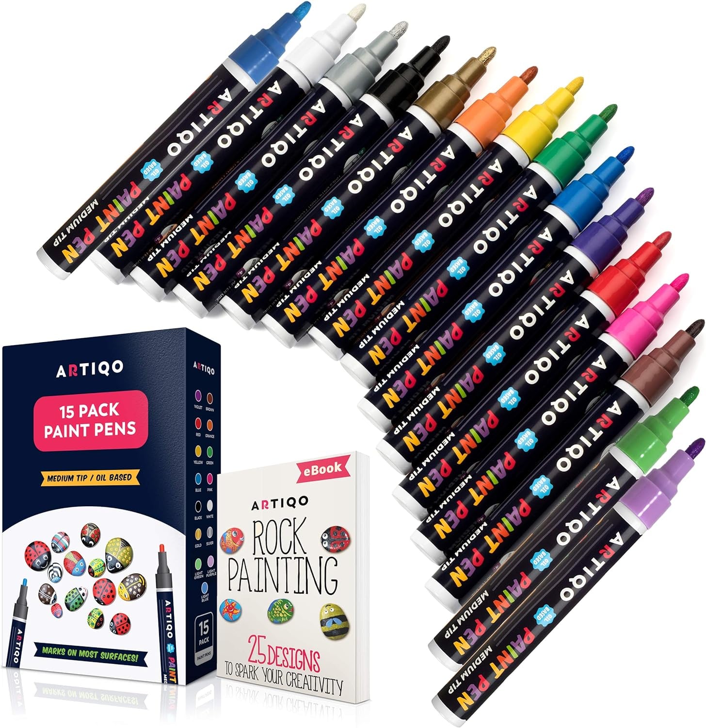 Paint Pens for Rock Painting - Wood, Glass, Metal and Ceramic Works on Almost All Surfaces Set of 15 Vibrant Medium Tip Oil Paint Marker Pens, Quick Dry, Water Resistant