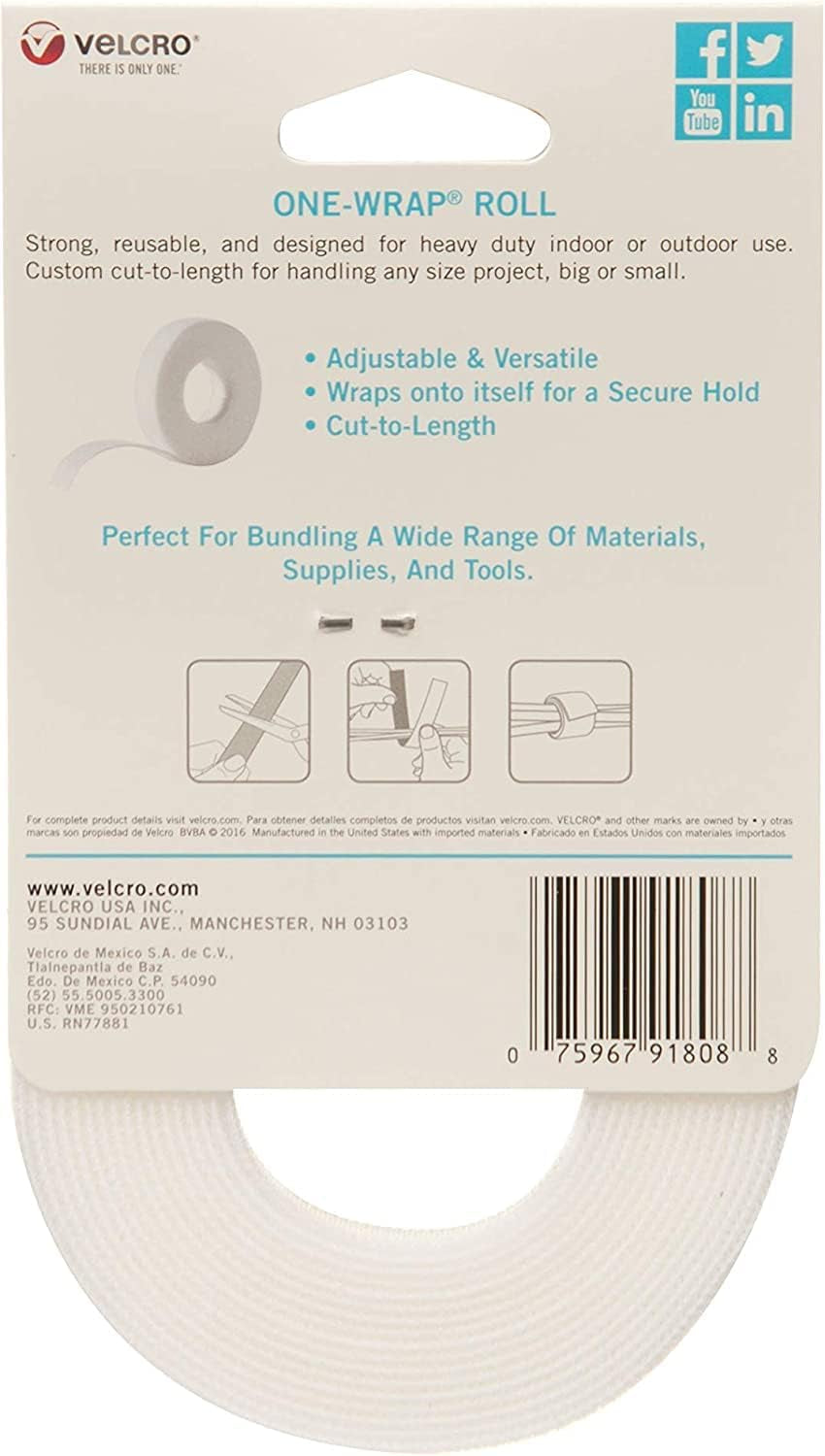 ONE-WRAP Bundling Ties – Reusable Fasteners for Keeping Cords and Cables Tidy – Cut-To-Length Roll, 12Ft X 3/4In, White (91808)