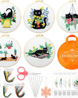 5 Sets Embroidery Starter Kit with Black Cat Patterns and Instructions, DIY Adult Beginner Cross Stitch Embroidery Kits, Including 2 Plastic Embroidery Rings, 1 Scissor, Colored Threads Needles