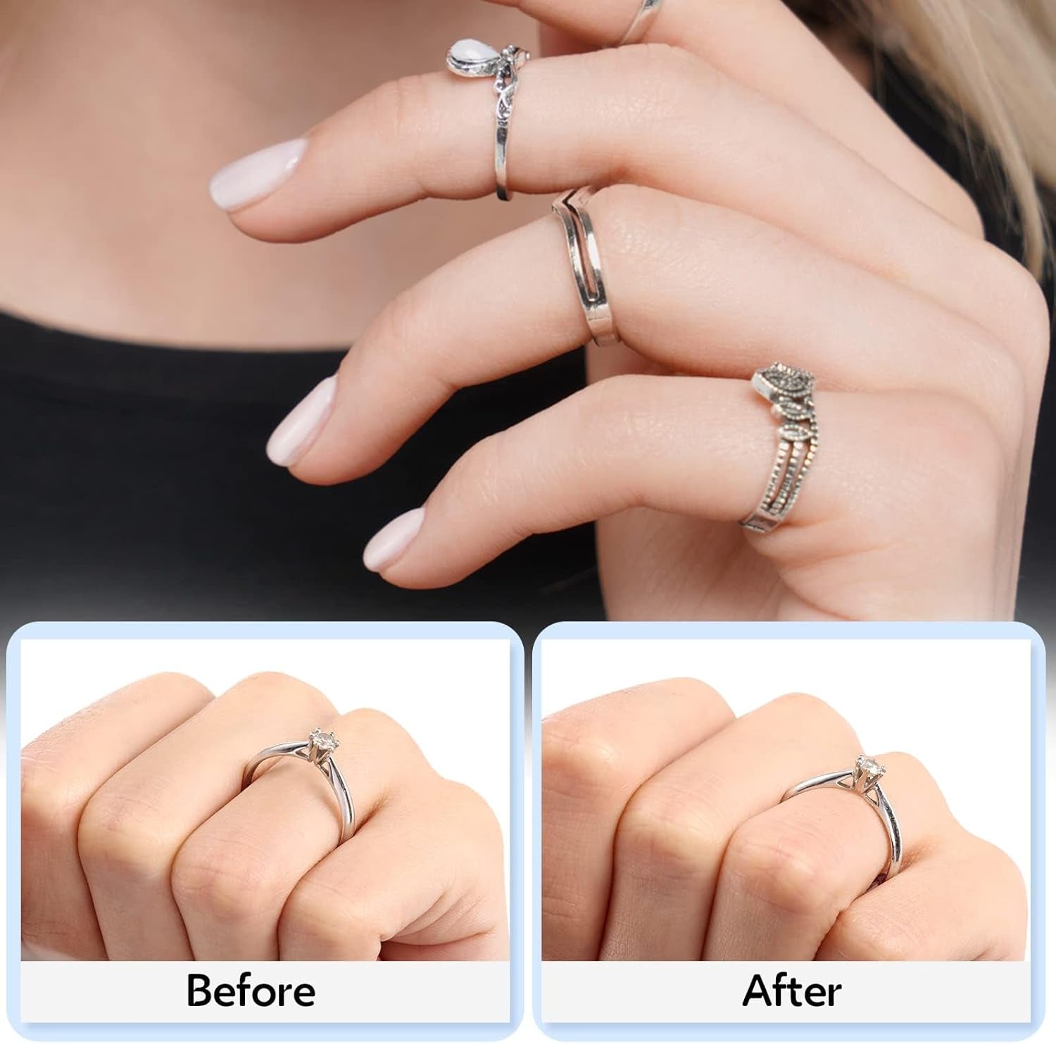 Ring Size Adjuster for Loose Rings- 110 Pcs Ring Size Adjusters Set Includes 8 Plug-In Invisible Ring Adjuster, 8 Spiral Silicone Tightener, EVA Invisible Sticker,Ring Size Measuring Tool