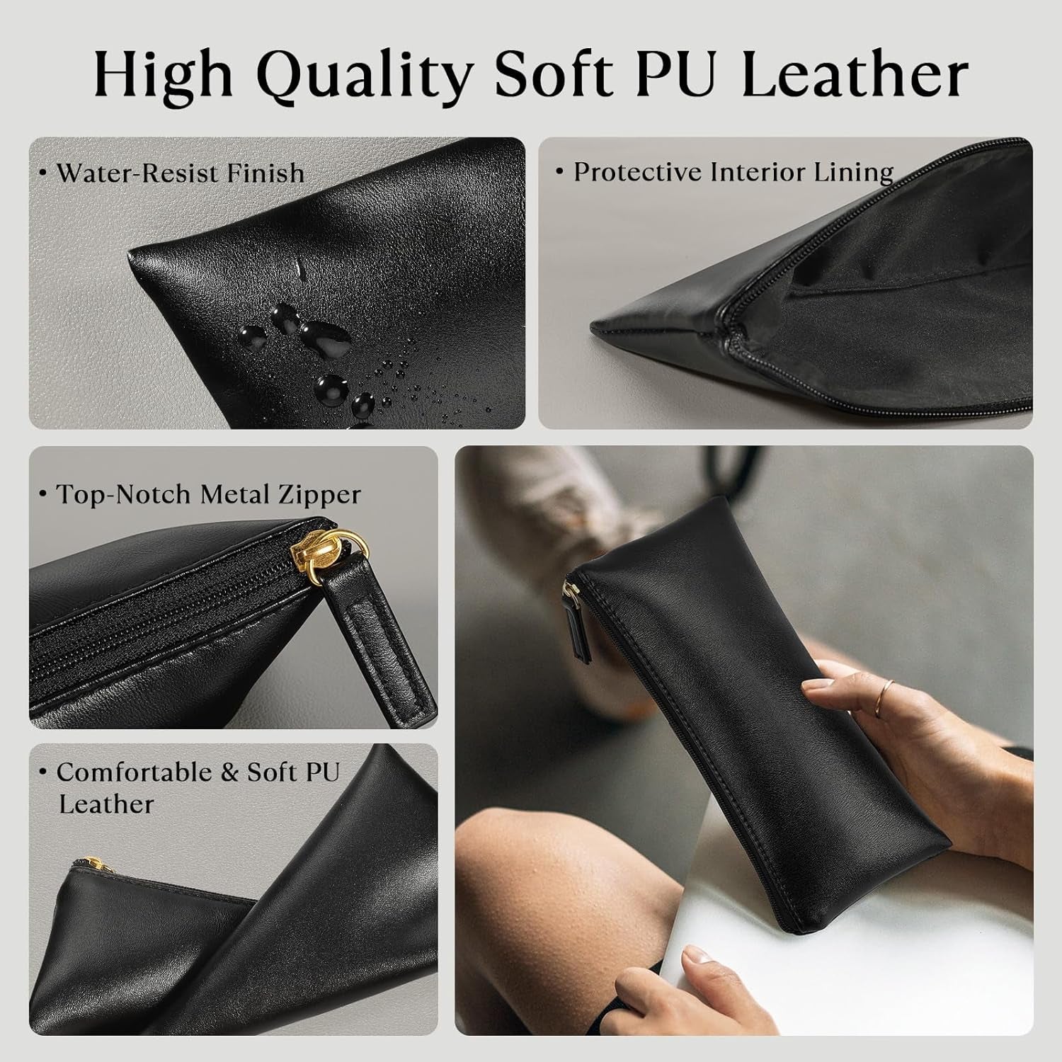 Pencil Case Pencil Pouch Black Pencil Bag PU Leather Pen Case Small Zipper Pouch for Pencils, Pens, Markers, Makeups, Change, Coins