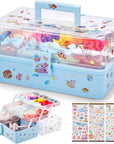 Hair Accessories Organizer 13 Inch Hair Accessories Storage Box with Fold Tray and Handle 3 Layers Plastic Tool Box Hair Accessories Organizer Box for Art Sewing Nail with Stickers (Blue)
