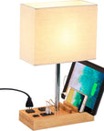 Desk Lamp with 3 USB Charging Ports, Table Lamp with 2AC Outlets and 3 Phone Stands, Nightstand Bedside Lamp with Natural Wooden Base and Cream Linen Shade