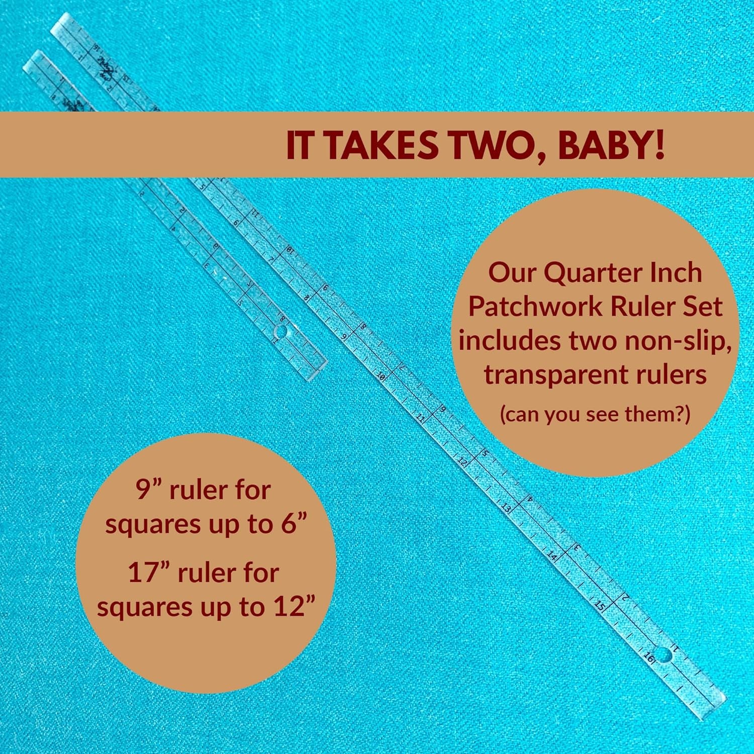 Exclusive | Quarter-Inch Patchwork Sewing Ruler Set | Includes 9" and 17" Quilting Rulers for Precise Marking and Measuring | ¼," ½," and 1" from Each Side | Non-Slip Coating Grips Fabric