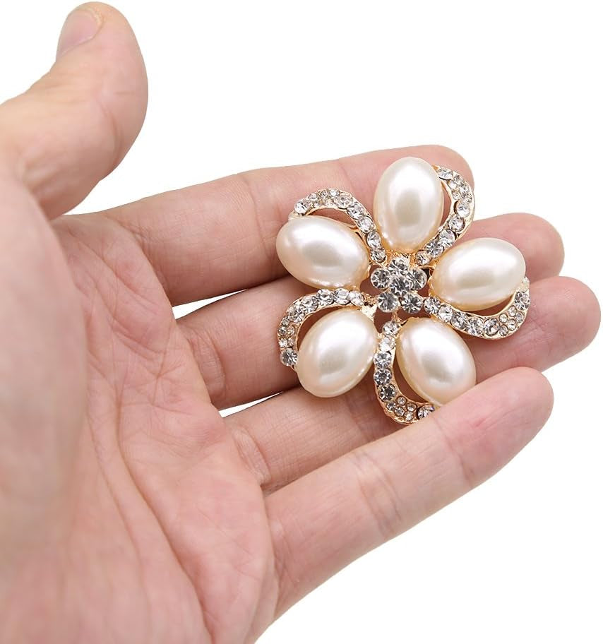 Lot 9Pcs Rose Gold-Tone Rhinestone Brooches, Big Pearl Crystal Wedding Bouquet Kit Set