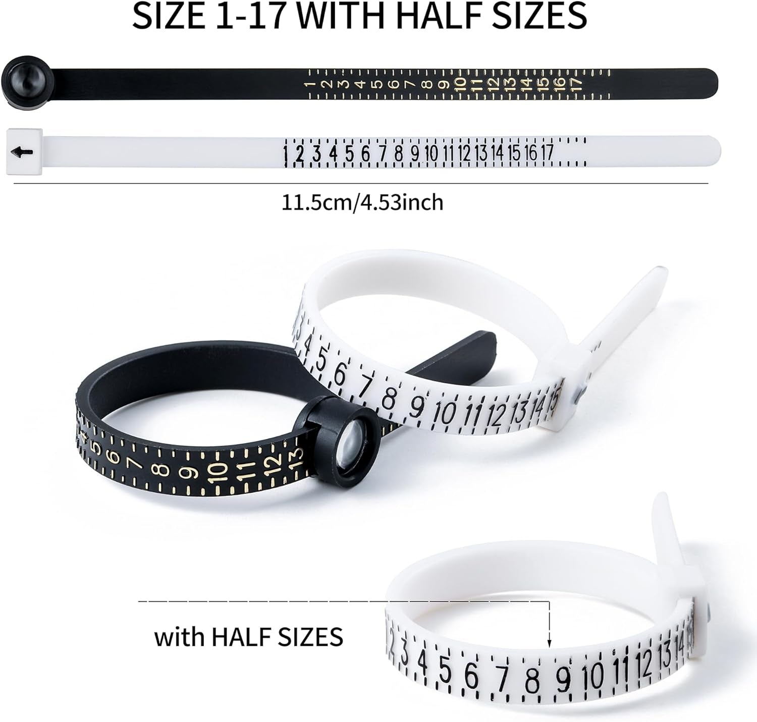 Ring Sizer Measuring Tool Kit, 27 PCS Stainless Steel Measuring Ring Tool, US Ring Size 0-13 with Half Size, 2 PCS Reusable Finger Size Tape with Magnified Glass 1-17 USA Rings Size