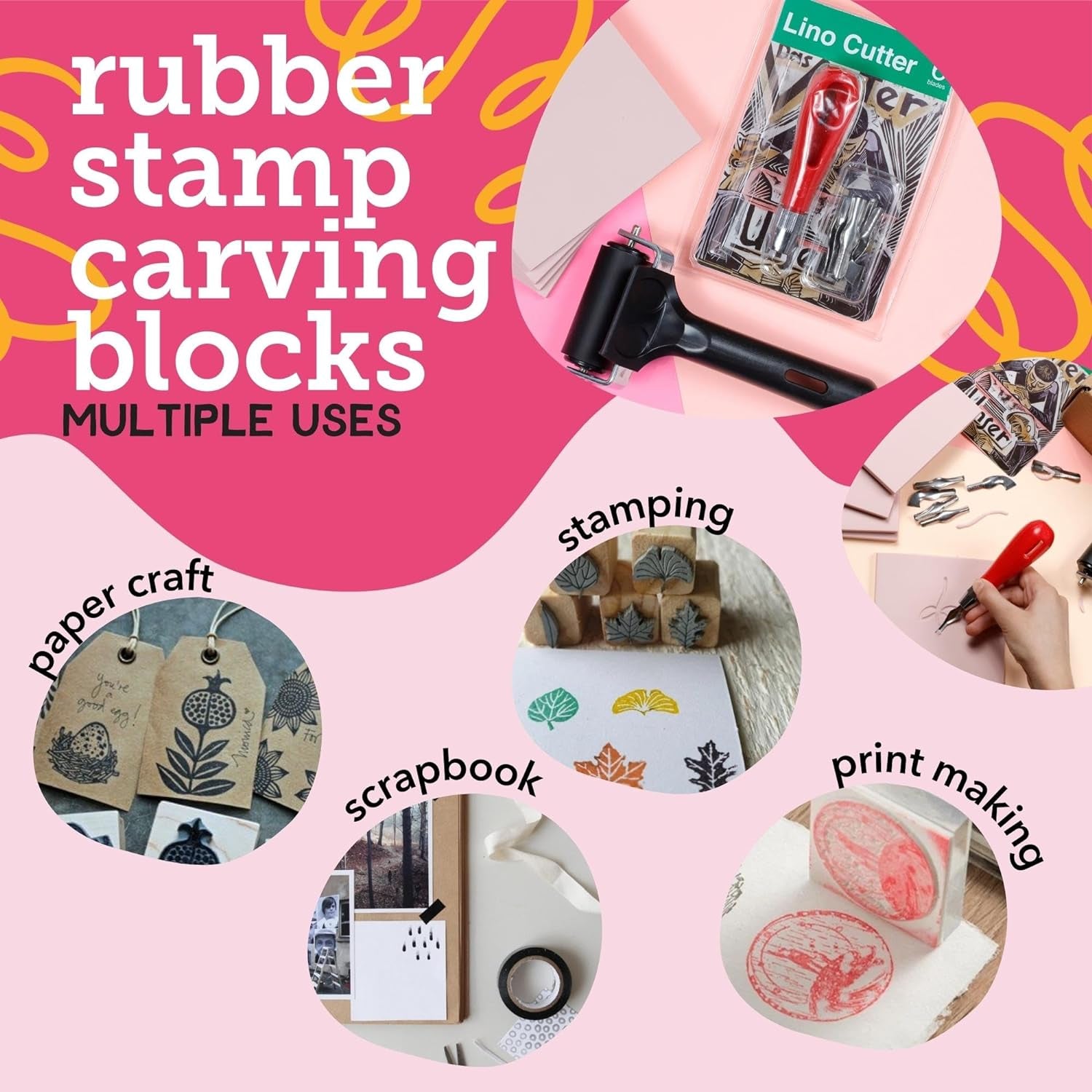 Rubber Stamp Kit (5-Pack). Linoleum Block Kit with Cutting Blades Tools (6Pcs). Block Printing Kit (6In X 4In X ¼ In) Light Pink Color. Best Carving DIY Stamp Making Kit for Printmaking
