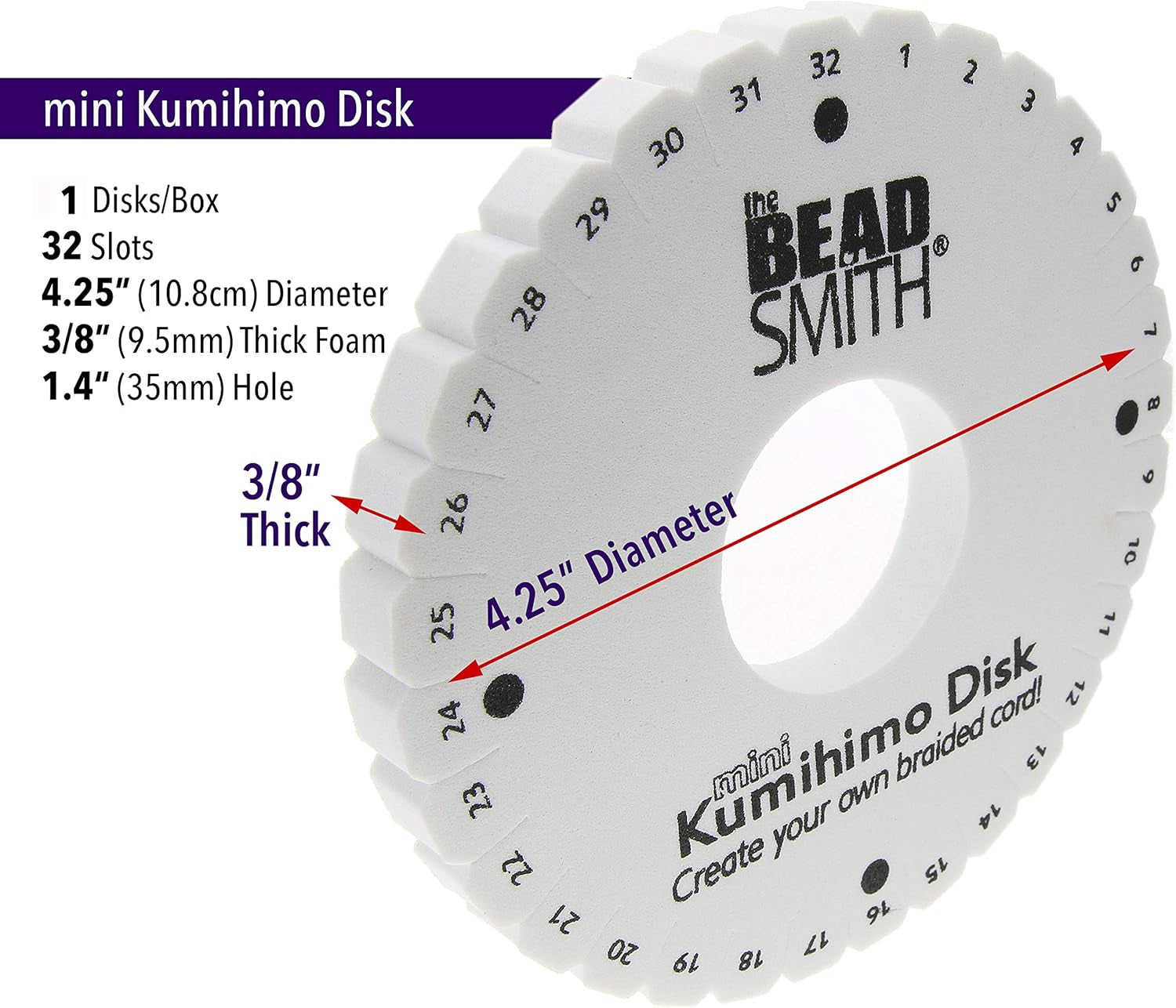 round Kumihimo Disk, 4.25 Inch Diameter, 3/8” Thick Dense Foam, Jewelry Tools for Braiding, 1 Disks