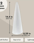 2 Pack Foam Cones for Crafts, DIY Art Projects, Handmade Gnomes, Trees, Holiday Decorations (5.25X14.5, White)