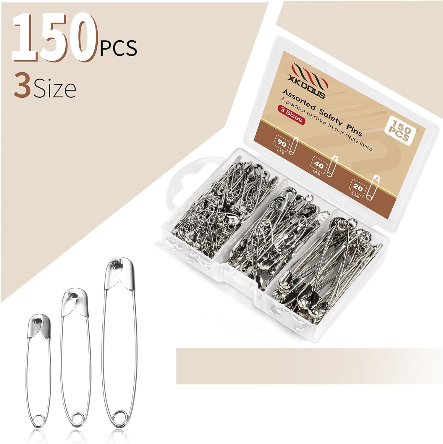 Safety Pins, 150 PCS Safety Pins Assorted, 3 Different Sizes Silver Safety Pins Bulk, Small Safety Pins, Large Safety Pins Heavy Duty for Clothes, Sewing, Craft