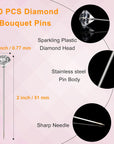 200 Pcs Diamond Bouquet Pins 2 Inches Corsage Pins Flower Pins Rhinestones Crystal Head Pins Straight Head Pins Clear Flower Pins for Wedding Bouquet Decoration Jewelry DIY Craft