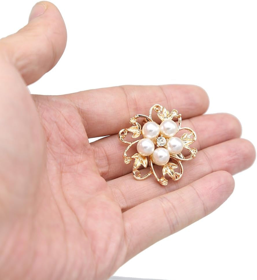 Lot 9Pcs Rose Gold-Tone Rhinestone Brooches, Big Pearl Crystal Wedding Bouquet Kit Set
