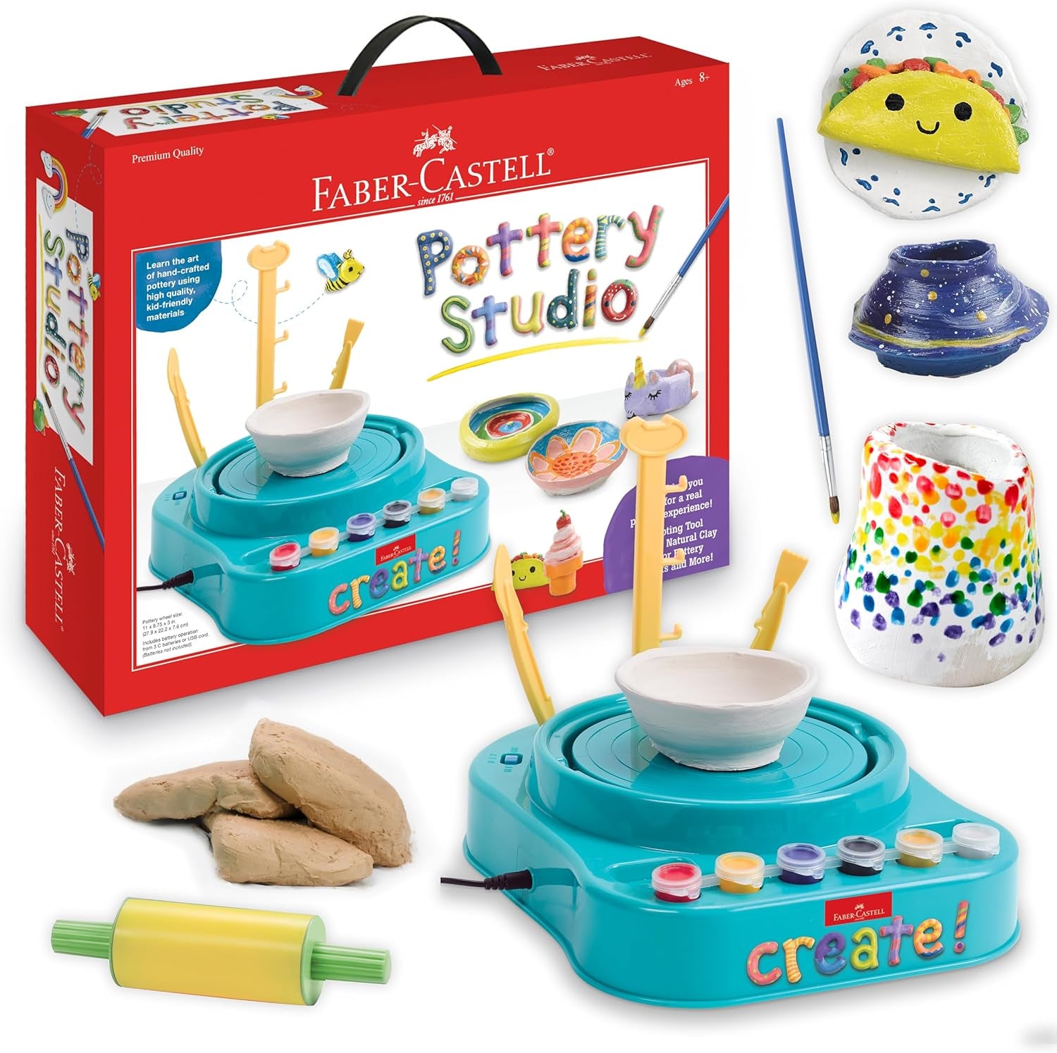 Pottery Studio Refill Kit - 2 Lbs. of Natural Air-Dry Pottery Clay, 6 Paint Pots and Paintbrush, Clay Making Kit for Kids