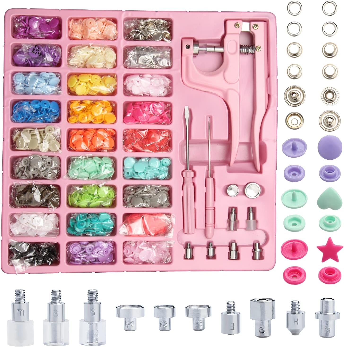 Plastic and Metal Snap Buttons with Snaps Pliers Set,300 Sets Plastic and Metal Snap Buttons for Sewing and Crafting (Pink)