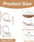 100Pcs Stainless Steel Lever Back Hoop Earrings Surgical Earring Components for Jewelry Makings 13X10X1.5Mm