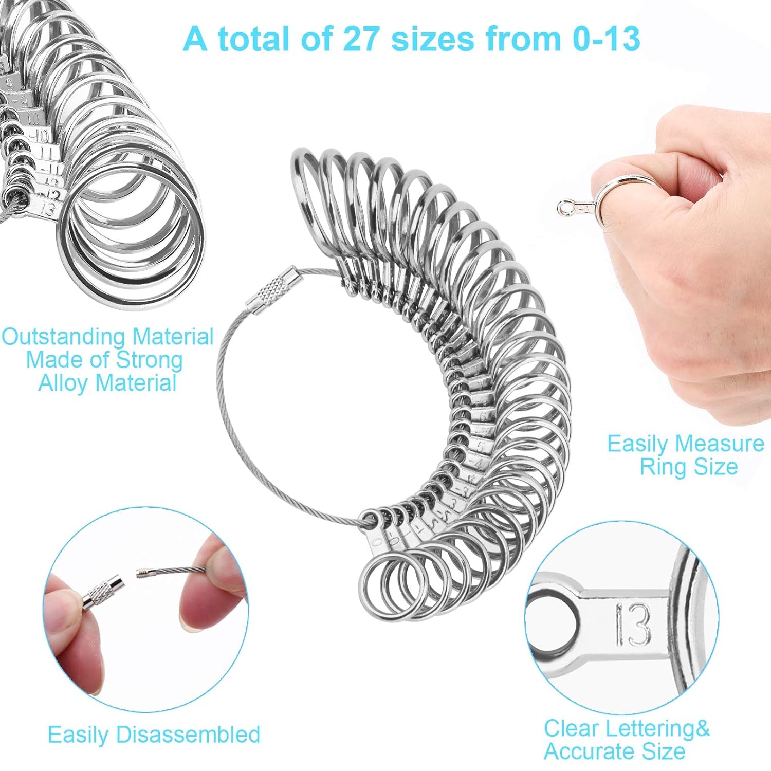 Ring Sizer Measuring Tool, Aluminum Ring Mandrel, 27 Pcs Premium Metal Ring Measurement Tool, Mens Womens Finger Gauge, 4 Sizes Ring Stick, 4 Pcs Polishing Cloth, US Ring Sizing Kit, by