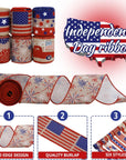 Patriotic Wired Edge Ribbon 36 Yards Red Blue White American Flag Ribbon 2.5 Inch 4Th of July Stars Stripes Fabric Ribbon for Independence Day Memorial Day Wreath DIY Craft, 6 Roll