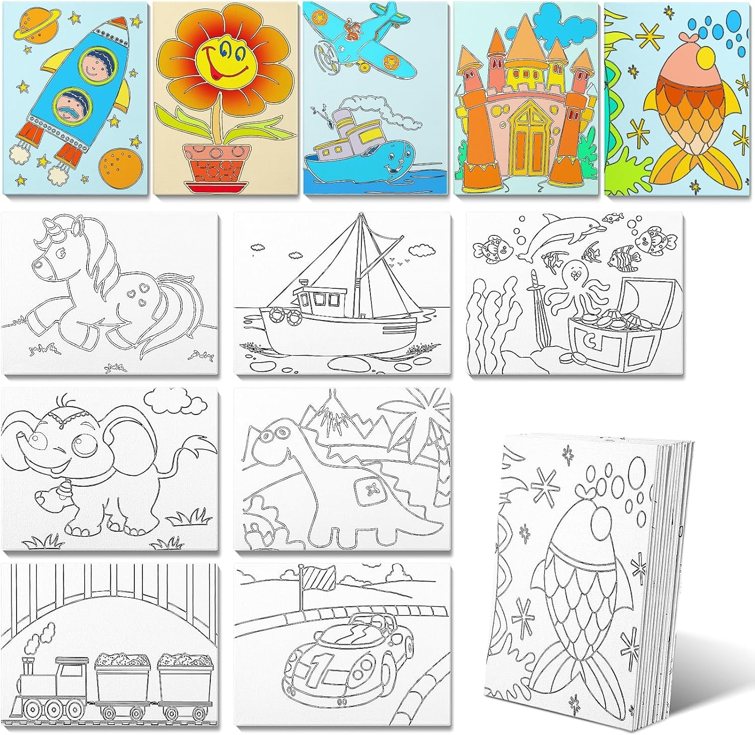 Pre Drawn Painting Canvas for Painting Canvas Panels 7.8 X 5.8 Inch Pre Printed Designs Stretched Canvas Kit for Beginner Party Favor, 12 Style(36 Pcs)